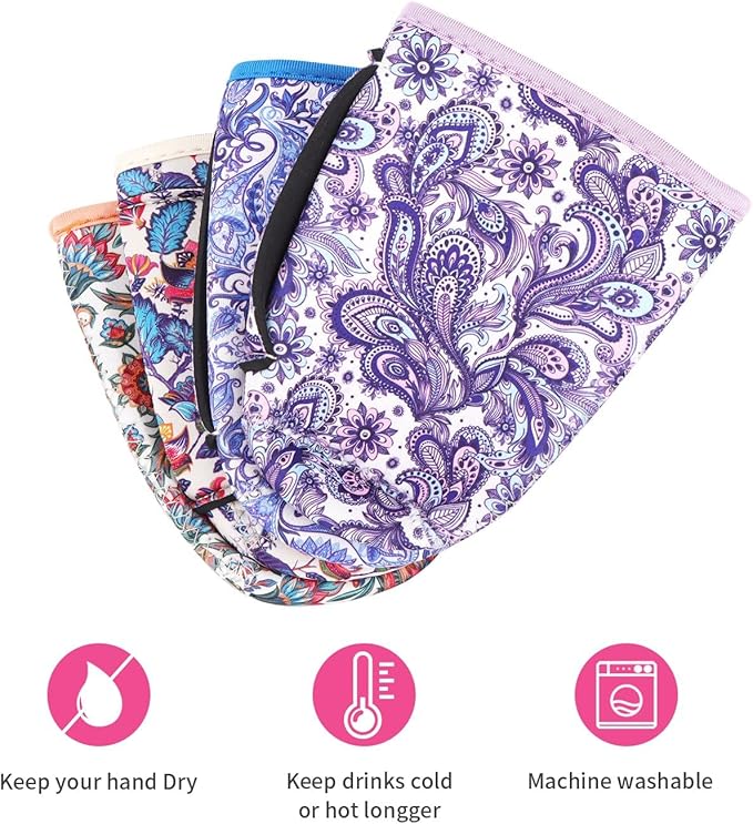 4Pack Reusable Iced Coffee Sleeve Insulator Sleeves for Cold Drinks Beverages, Neoprene Cup Holder for Most Coffee, Fits 22-24oz Medium Cups (Paisley)
