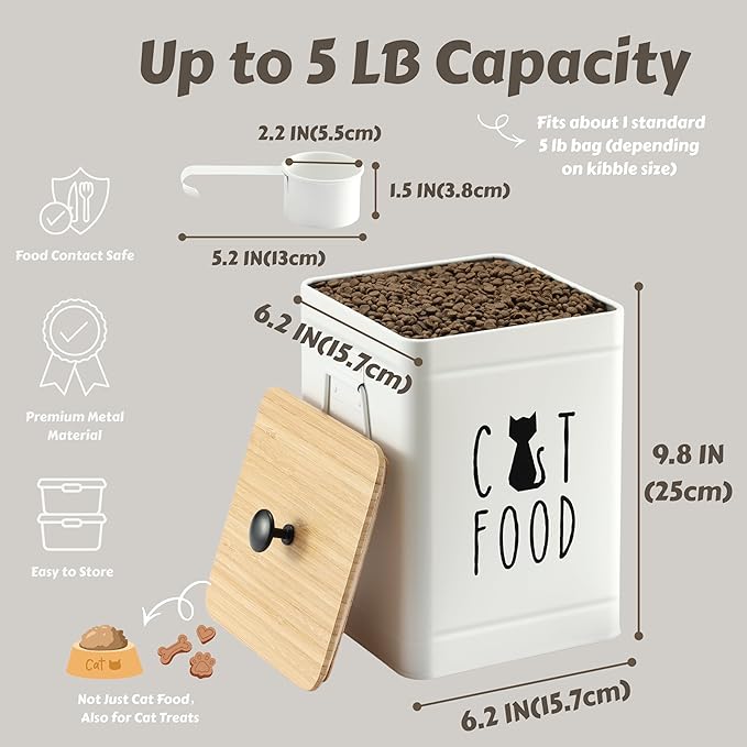 PERFNIQUE Cat Food Storage Container, Airtight Cat Treat Container with Bamboo Lid, 25 Cup Pet Food Storage for Kitchen Countertop, Treat Jars for Pets, Cat Food Container (White, with Spoon)