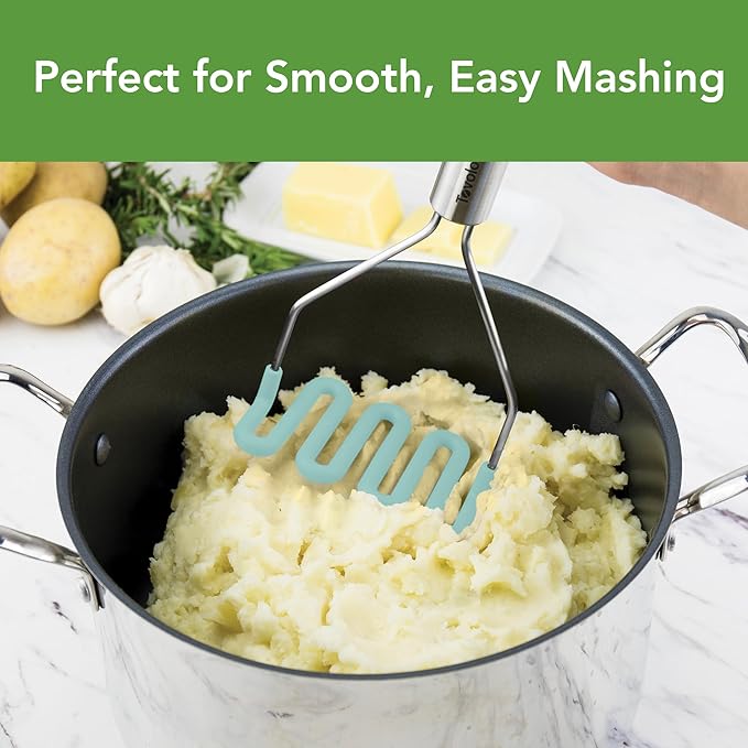 Tovolo Silicone Potato Masher Stainless Steel Handle Aqua Seafoam Green Dishwasher Safe Heat Resistant Non Scratch Handheld Coil Wire Potato Smasher for Nonstick Pans Ergonomic Kitchen Food Prep Tool