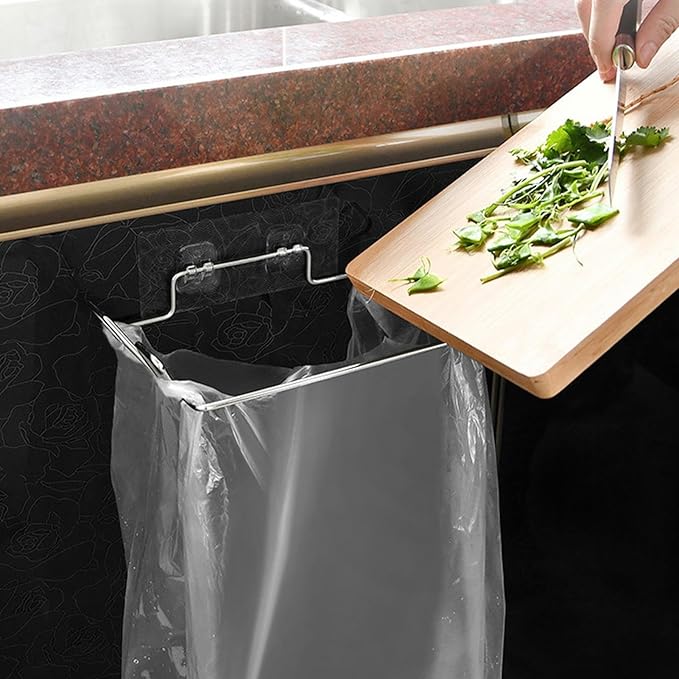 Stainless Steel Trash Bag Holder, Hanging Trash Can Rack for Cabinets/Door/Cupboards/Wall, Plastic Bag Holder with 3Pcs Adhesive Wall Sticker, Kitchen Under Sink Dishcloth Rack