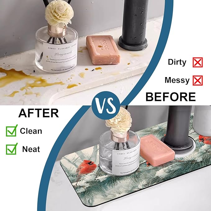 Winter Sink Faucet Absorbing Mat Cardinal Christmas Super Absorbent Fast Drying Mat Sink Gadgets Behind Faucet Sinkmat for Kitchen Bathroom, 15.5"x5.5"