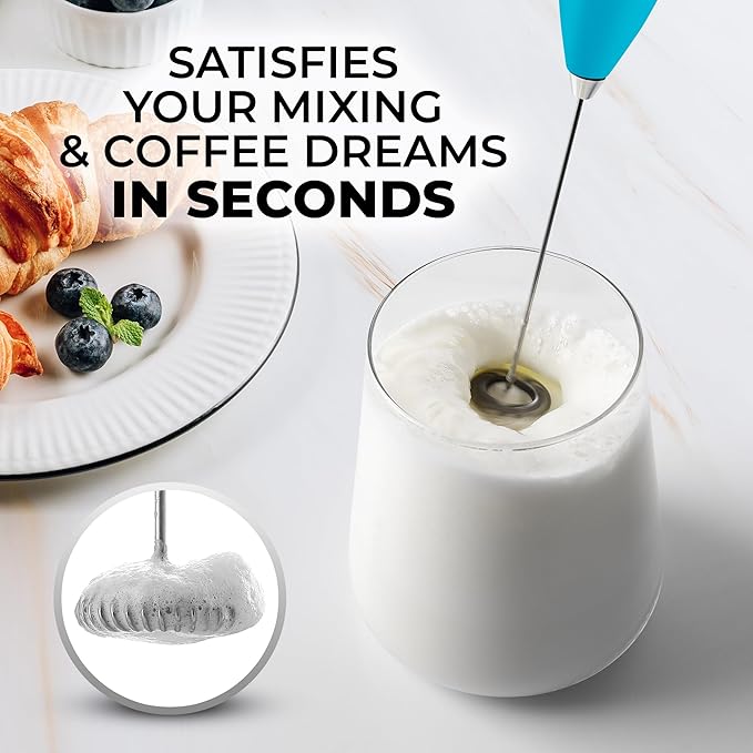 Zulay Kitchen Powerful Milk Frother Wand - Ultra Fast Handheld Drink Mixer - Electric Whisk Foam Maker for Coffee, Lattes, Cappuccino, Matcha & Creamer - Love Coffee Blue