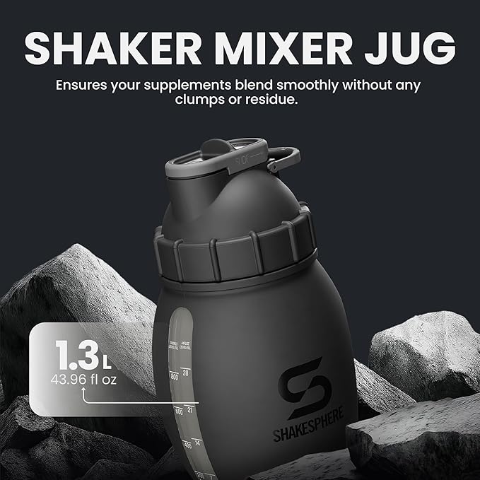 SHAKESPHERE Protein Shaker Bottle Jug 1.3L – Double Walled, Leak Proof Gym & Mixer Bottle, BPA-Free, Durable Design with Easy-Grip Handle, Silicone Base, and Clear Viewing Window – Matte Black