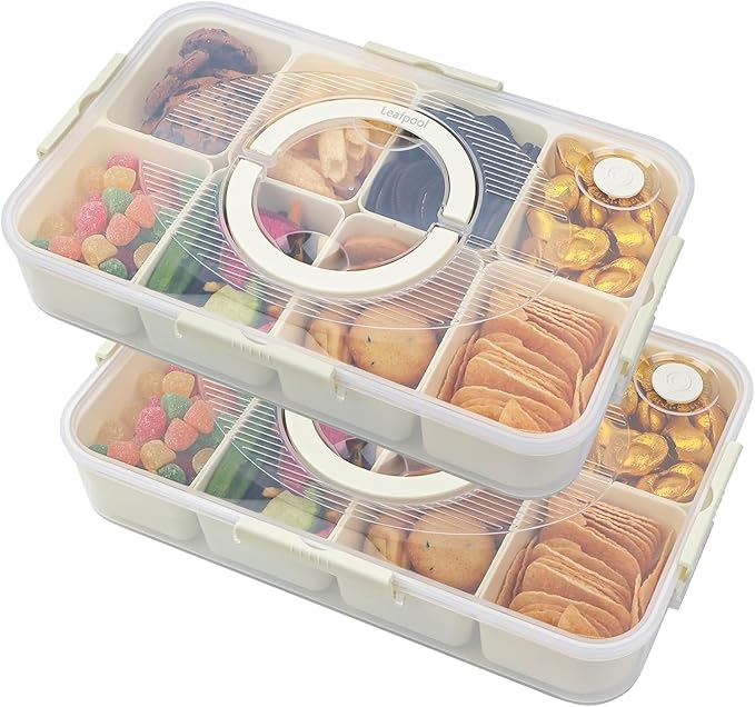 Snack Box Container, Dishwasher Safe Fruit Snack Containers, 2 Pack Divided Serving Tray with Lid for Veggie, Candy, Snackle Charcuterie Plastic Boxes for Kids, Adults Travel and Picnic