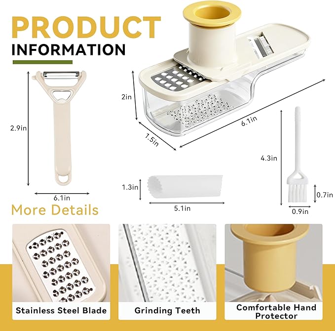 3 in 1 Garlic Slicer Set with Ginger Grater, Vegetable Peeler, Garlic Peeler & Brush, Soft Ergonomic Handle Kitchen Tool, Vegetable Chopper with Container, Ideal Kitchen Helper