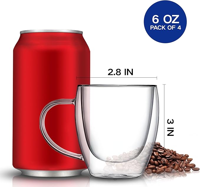 YMMIND Set of 4 Double Walled Glass Coffee Mugs 6 Ounces Insulated Layer Coffee Cups with Handle Borosilicate Glass Espresso Cup for Hot Beverage,Cappuccino,Tea,Latte,Wine,Microwave Safe