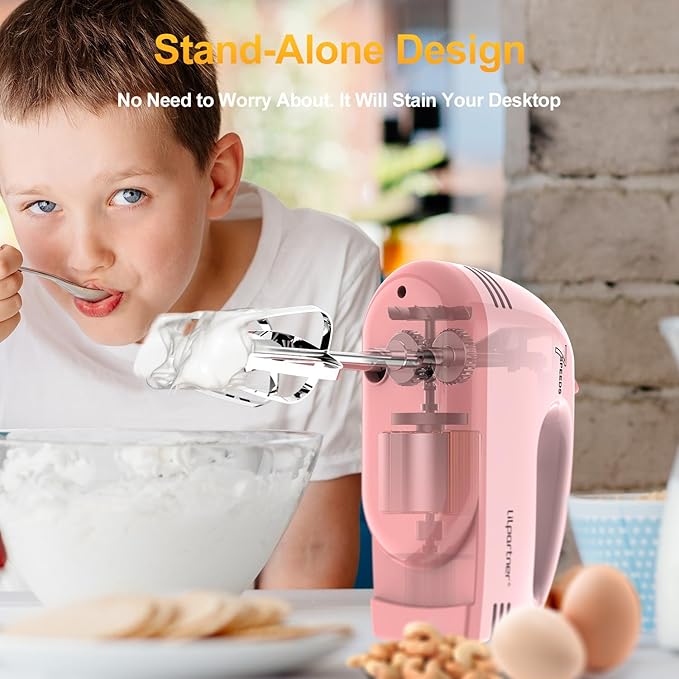 LILPARTNER Hand Mixer Electric, Small Food Mixer 7 Speeds Handheld Blender, 304 *(2* Beater, 2*Dough Hook) Kitchen Blender for Cream, Cookies, Dishwasher Safe