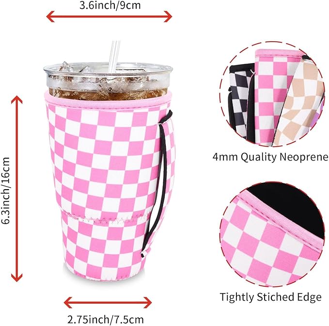4Pack Reusable Iced Coffee Sleeve Insulator Sleeves for Cold Drinks Beverages, Neoprene Cup Holder for Most Coffee, Fits 30-32oz Large Cups (Checkerboard)
