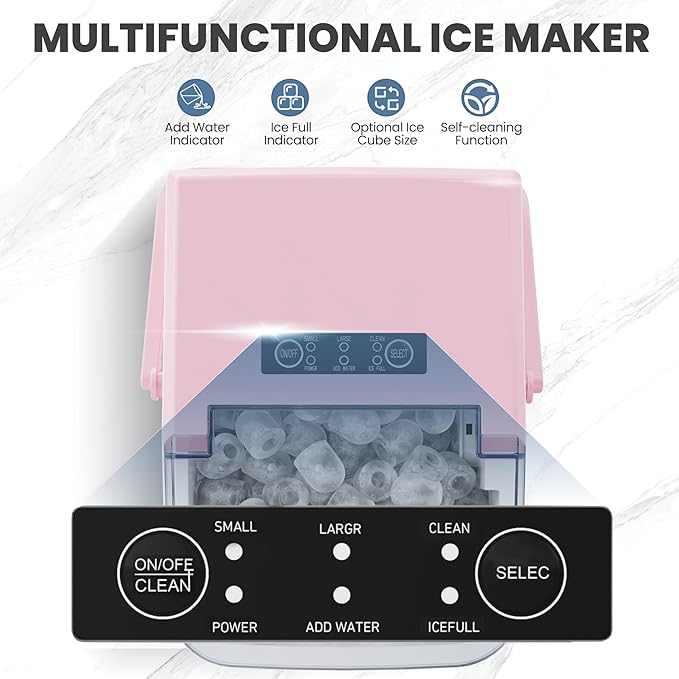 DUMOS Countertop Ice Maker with Handle, 26lbs/24H Portable Ice Machine, 9 Bullet Cubes Ready in 6 Mins, Self-Cleaning, Quiet Compact for Home, Kitchen, RV, Camping, Pink