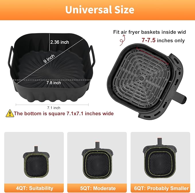2 Pack Silicone Air Fryer Liners,7.8 Inch Reusable Air Fryer Basket for 4-7 QT Air Fryers,with Handles,Non-Stick,Food Grade Silicone Tray,Replacement for Parchment Paper – Oven Microwave Safe