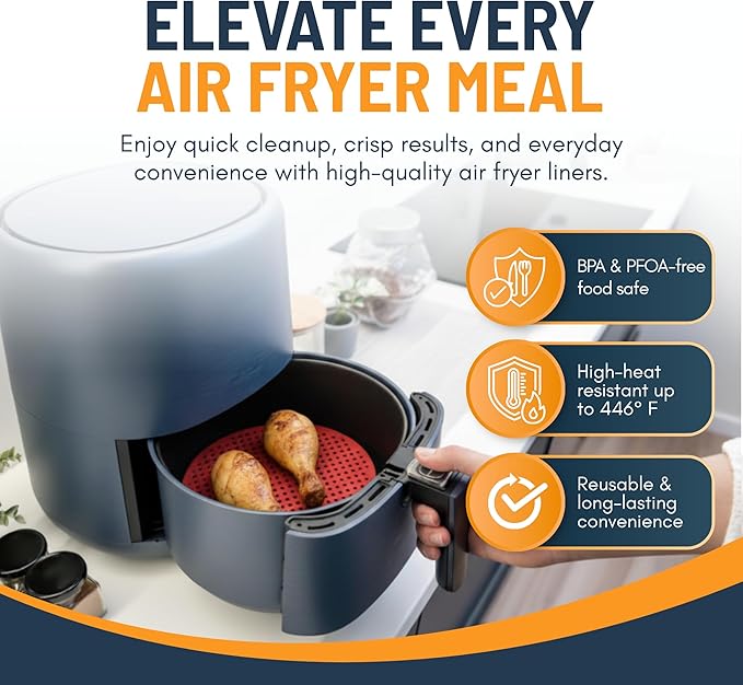 Reusable Round Silicone Air Fryer Liners (9 Inch, 3 Pack) by Linda’s Essentials - Non-Stick, Easy-Clean Accessories with Cheat Sheet & Recipe Book, Perfect for Quick Meals