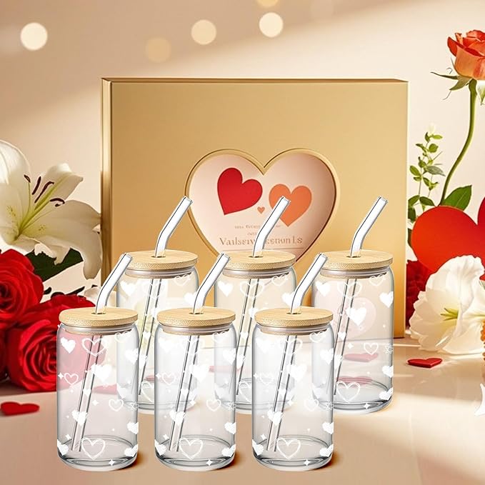 Glass Cups with Lids and Straws – 4 Pack 16oz Heart Tumblers for Cold Drinks, Iced Coffee, Tea, Juice – Sharing Drinkware for Friends, Couples & Gifts