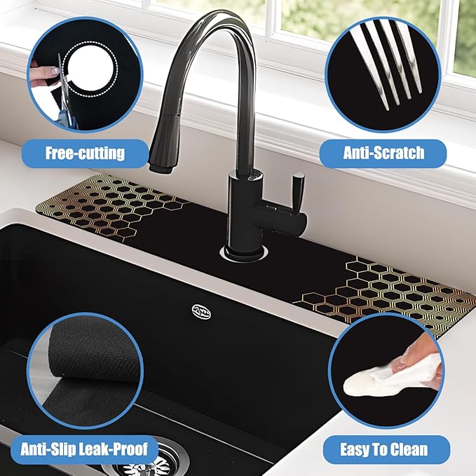 Sink Splash Guard Faucet Mat Black Gold Honeycomb Absorbent Fast Drying Mat Sink Gadgets Splash Guard Behind Faucet Drip Catcher for Kitchen Bathroom 23.5"X5.5"