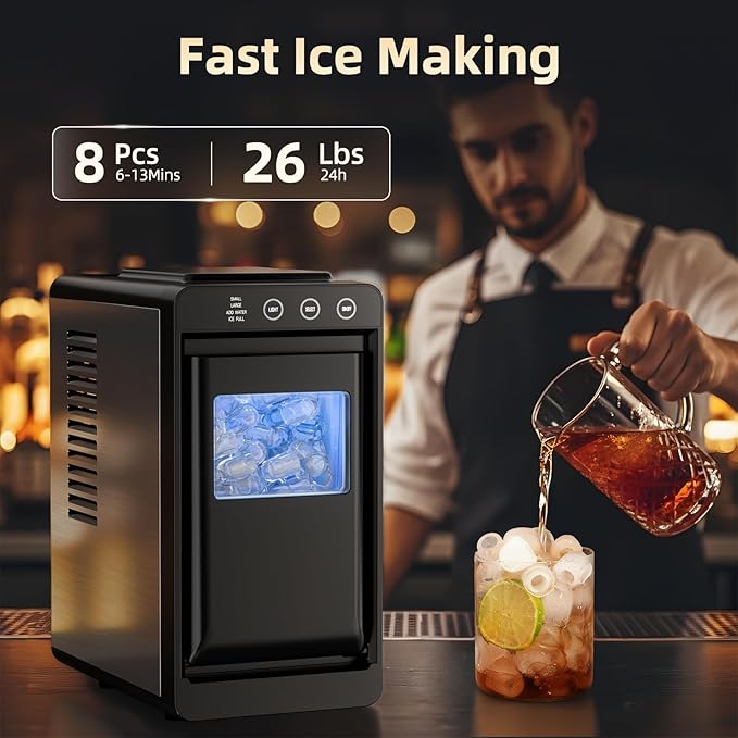 Antarctic Star Ice Maker, Portable Ice Machine with Self-Cleaning Function, 8 Cubes in 6 Mins Fast Countertop Ice Making, Compact Ice Maker for Home, Kitchen, RV, Travel, Matte Black