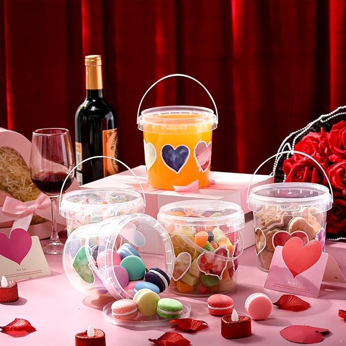 PerKoop 20 Pcs 32 oz Ice Cream Buckets with Lids and Handles Clear Cocktail Rum Buckets with Stickers Plastic Transparent Tub Reusable Food Storage Containers for Parties(Heart)