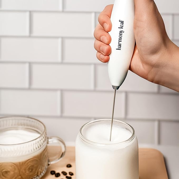 Harmony Leaf Handheld Milk Frother, Stainless Steel Electric Drink Mixer with Stand, Battery Operated Coffee Frother for Lattes, Matcha, Hot Chocolate and More, White