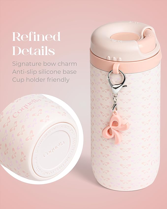 15 oz Stainless Steel Coffee Tumbler with Twist-Open Lid, Insulated Travel Mug for Iced Coffee Cold Brew and Warm Beverages, Leakproof, BPA-Free, Cup Holder Friendly, Bow Charm, Coquette Pink