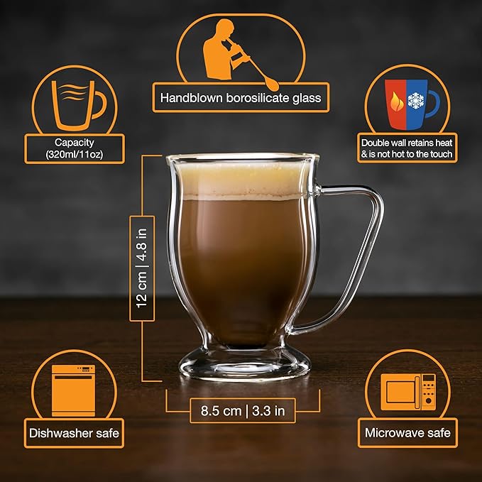 Kitchen Kite Double Wall Glass Coffee Mugs 11oz Set of 4, Insulated Borosilicate Glass Coffee Cups with Handle - Dishwasher & Microwave Safe Clear Mugs for Cappuccino, Latte, Espresso, Tea