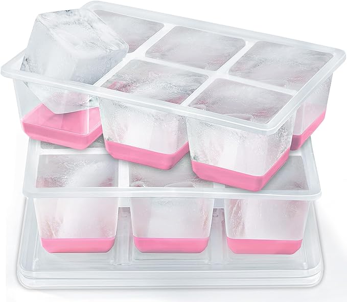 Ice Cube Trays 2 Pack, JRISBO Large Silicone Ice Cube Molds with Leak-Proof Lid, TPE Frame & Easy Release Bottom, Stackable Freezer Ice Trays for Whiskey, Cocktails, Soup, BPA Free (Pink)