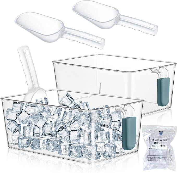 Havawish Ice Storage Bin and Flexible Scoop Set Plastic Freezer Bin with Pull out Handle Storage Bucket Clear for Container with Scoop(Dark Blue,10.83 x 7 x 4.33 in,Classic)