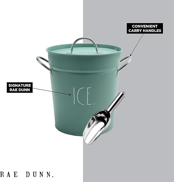 Rae Dunn Ice Bucket with Scoop - Stainless Steel Bucket with Handle, Lid and Ice Scooper - 4 Qt. Storage Bin for Ice Cubes for Bars, Parties, Backyard Barbeques, Picnics, and Camping (Sage)