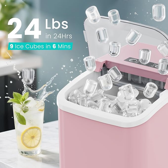 OLIXIS Ice Maker Machine with Handle,26lbs in 24Hrs,9 Ice Cubes in 6 Mins,Auto-Cleaning Portable Ice Maker with Basket and Scoop, Countertop Ice Maker for Home, Kitchen, Camping, RV - Pink