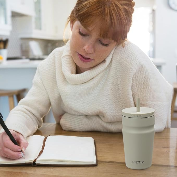 COKTIK 16oz Insulated Tumbler with Lid and Straw Iced Coffee Cup Reusable Stainless Steel Travel Mug Water Bottle Cupholder Friendly for Women Men Her Him (Almond Birch)