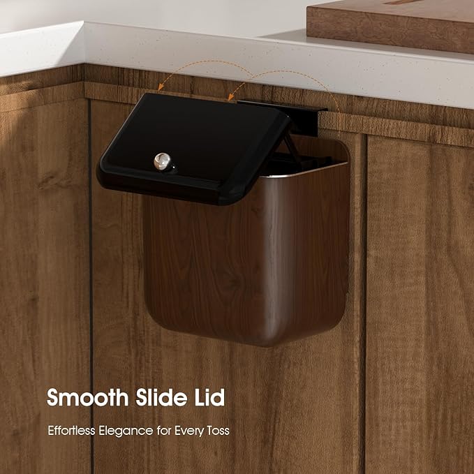 Large 3.2 Gallon Compost Bin, Under Sink Trash Can with Lid, Hanging Waste Cabinet for Office Kitchen Cupboard Bathroom Bedroom, Walnut Color