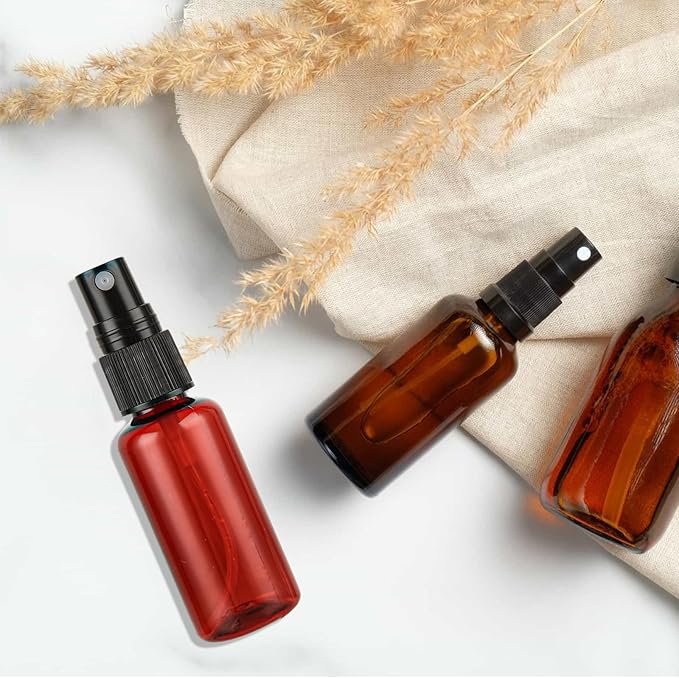 60PCS 1 oz Amber Spray Bottles for Essential Oils Small Plastic Spray Bottle with Funnel & Stickers Refillable 1oz Empty Mini Mister Spray Bottle for Travel Cleaning Beauty