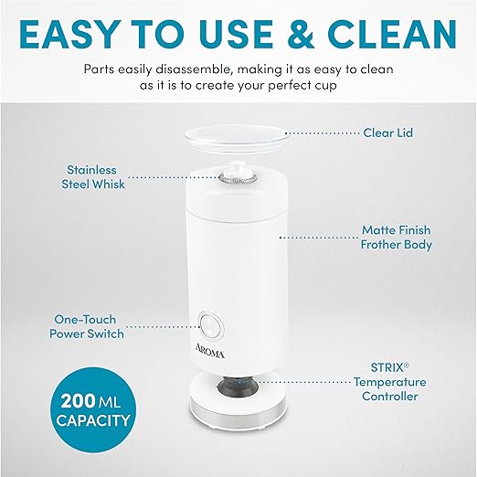 AROMA® 4-in-1 Cold & Warm Milk Frother and Steamer with Auto-Off One-Touch Controls (200ml)