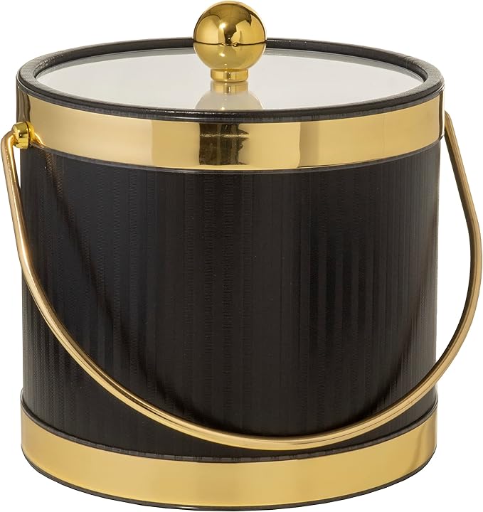 Made In USA Metallic Deco Collection Double Walled Insulated Ice Bucket With Ice Tongs (3-Quart, Black & Gold)