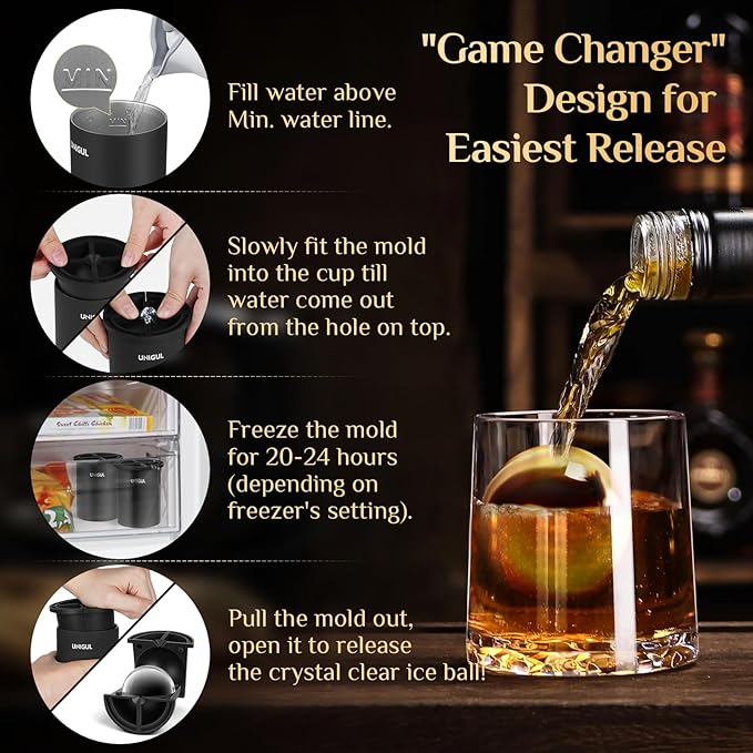 Clear Ice Cube Maker, 2.5" Stainless Steel Crystal Clear Ice Ball Maker, Non-BPA Premium Silicone Ice Cube Molds for Whiskey & Cocktails, Easy-Release Sphere Ice Maker, Bourbon Gifts for Men (1 PACK)