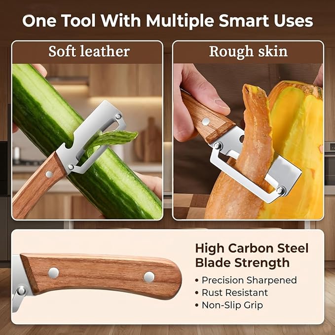 2 Pack Multifunctional Vegetable Peeler, 2-in-1 Kitchen Peeler with Bottle Opener, Wooden Handle & Stainless Steel Blade, for Potato, Carrot, Fruit, Pumpkin,sugar cane, Papaya & More