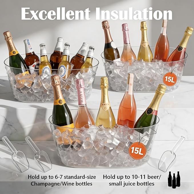 2 PCS Ice Buckets for Parties, 15L Large Ice Bucket, 4 Gallon Champagne Bucket with Scoops, Beverage Tub Mimosa Bar Supplies for Champagne, Beer, Cocktail