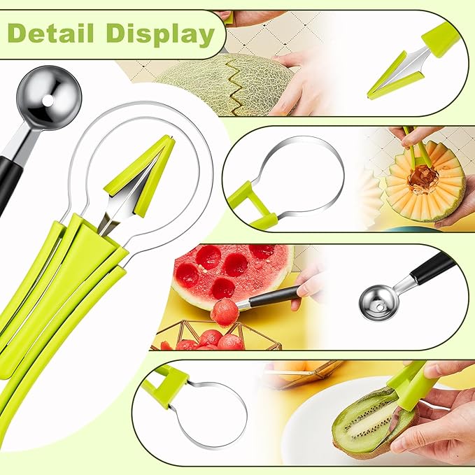 Patelai 2 Pieces Melon Baller Scoop Set, 4 in 1 Fruit Cutters Stainless Steel Watermelon Scooper and Ice Cream Baller for Dig Pulp Separator Fruit Slicer