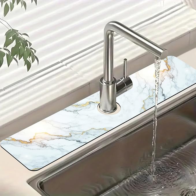 Marble Pattern Sink Splash Guard Gray Gold Marble Faucet Absorbing Mat Fast Drying Mat Sink Gadgets Splash Guard Behind Faucet Drip Catcher for Kitchen Bathroom, 23.5"x5.5"