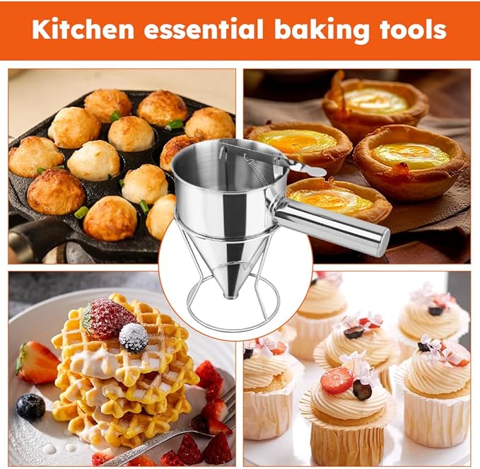 Pancake Batter Dispenser, Stainless Steel Funnel Cake Dispenser with with Squeeze Handle & Stand for Pancakes, Cupcakes, Takoyaki, Waffle and Baked Goods(SIZE:S,600ml)