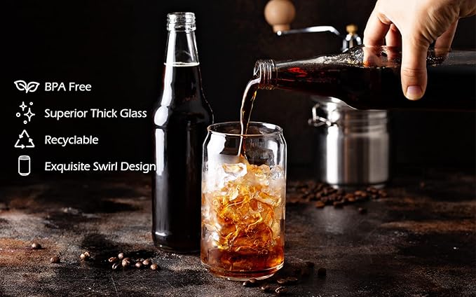 BEWAVE Drinking Glass, 16oz Can Shaped Glasses Cups, Iced Coffee Glasses, Beer Tumbler, for Whiskey, Soda, Tea, Juice, Gift, with Lid, Straw and Sleeve, 1 Pc
