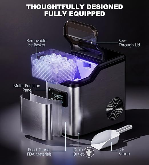 Landeagle Nugget Ice Makers Countertop,Portable Pebble Ice Machine with Crushed Ice,45lbs/Day Soft Pellet Ice Maker Stainless with 24H Timer, Self-Cleaning Chewable Sonic Ice for Home,Kitchen,Office