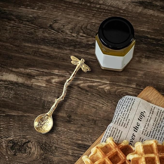 Retro Dragonfly Coffee Teaspoon - Stainless Steel Tableware Creative Sugar Spoon, Stir Bar, Dessert and Cake Spoon - Long Handle Kitchen Gadget Antique (Gold)