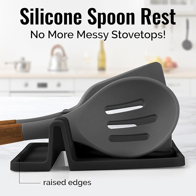 Zulay Kitchen Extra Large Silicone Utensil Rest with Drip Pad for Multiple Utensils - BPA-Free Heat-Resistant Spoon Rest & Spoon Holder for Stove Top - Kitchen Utensil Holder for Spoon - Black