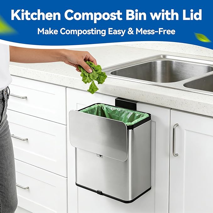 Kitchen Compost Bin with Lid, 2.1 Gallon Stainless Steel Trash Can for Countertop or Under Sink, Hanging Small Kitchen Trash Bin with Removable Inner Bucket, Charcoal Filter for Odor Control