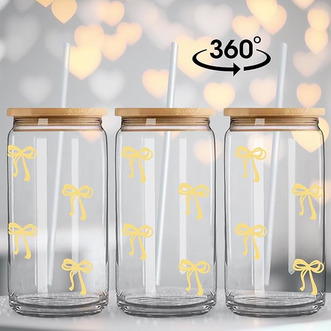 BIPEDS Coquette Cute Pastel Yellow Bow Glass Cups with Lids and Straws, Aesthetic Iced Coffee Cup Girly Preppy Tumbler Mug, Christmas Valentines Birthday Gifts for Women, Teen Girl Gifts Trendy Stuff