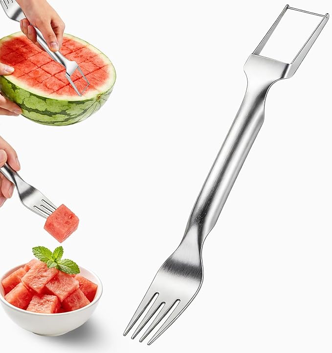 Watermelon Fork Slicer Cutter, 2-in-1 Stainless Steel Watermelon Slicer & Fruit Fork, Summer Kitchen Gadget for BBQ Parties, Camping & RV Adventures