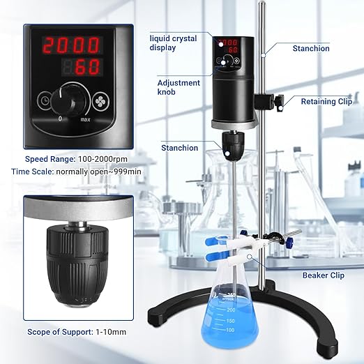 Vevitts Electric Overhead Stirrer LCD Digital Lab Mixer Time and Speed Adjustable Stirring Lab Mixer 100-2000RPM 20L Electric Overhead Mixer