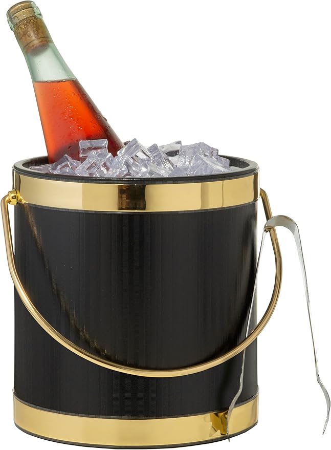 Made In USA Metallic Deco Collection Double Walled Insulated Ice Bucket With Ice Tongs (5-Quart, Black & Gold)