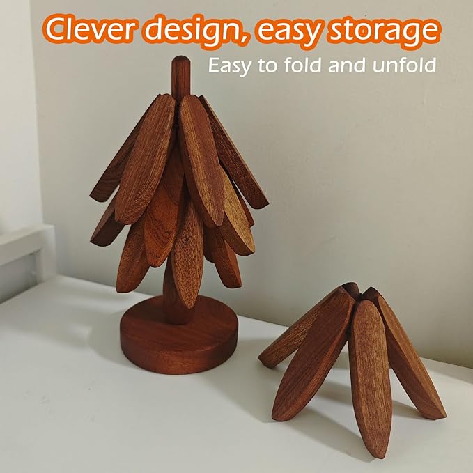 Wooden Tree Trivets for Hot Dishes - Set of 4 with Stand, Natural Foldable Kitchen Trivets for Pots, Pans, Bowls & Teapots - Walnut