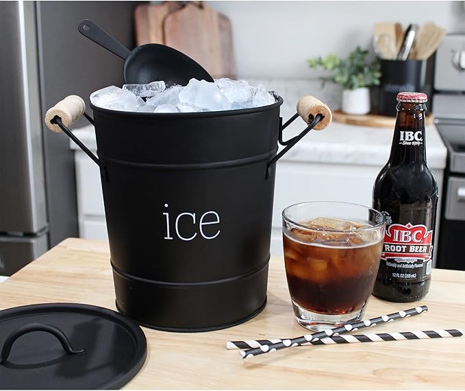 AuldHome Design Farmhouse Enamelware Ice Bucket (Black); Retro Style Insulated Metal Ice Server
