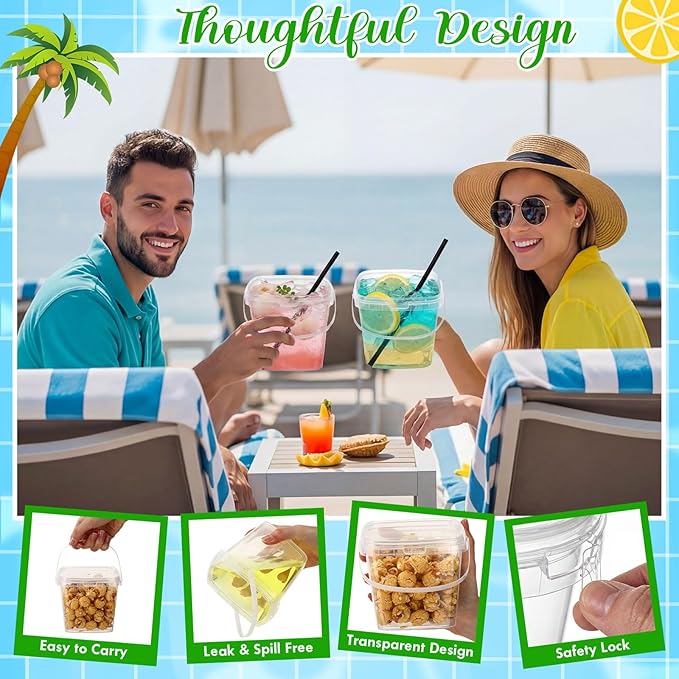 100 Pcs 25 oz Square Clear Drink Buckets with Lids and Straws Reusable Plastic Bucket Cups with Handle for Ice Cream Coffee Cocktail Large Food Safe Party Cup for Pool Beach Bar Birthday