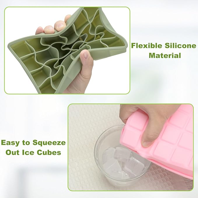Silicone Ice Cube Tray, Easy Release Flexible Ice Cube Tray with Removable Lid, 24 Small Ice Cub Per Tray for Whiskey, Freezer, Cocktail, Reusable & BPA Free (Pink+Green)